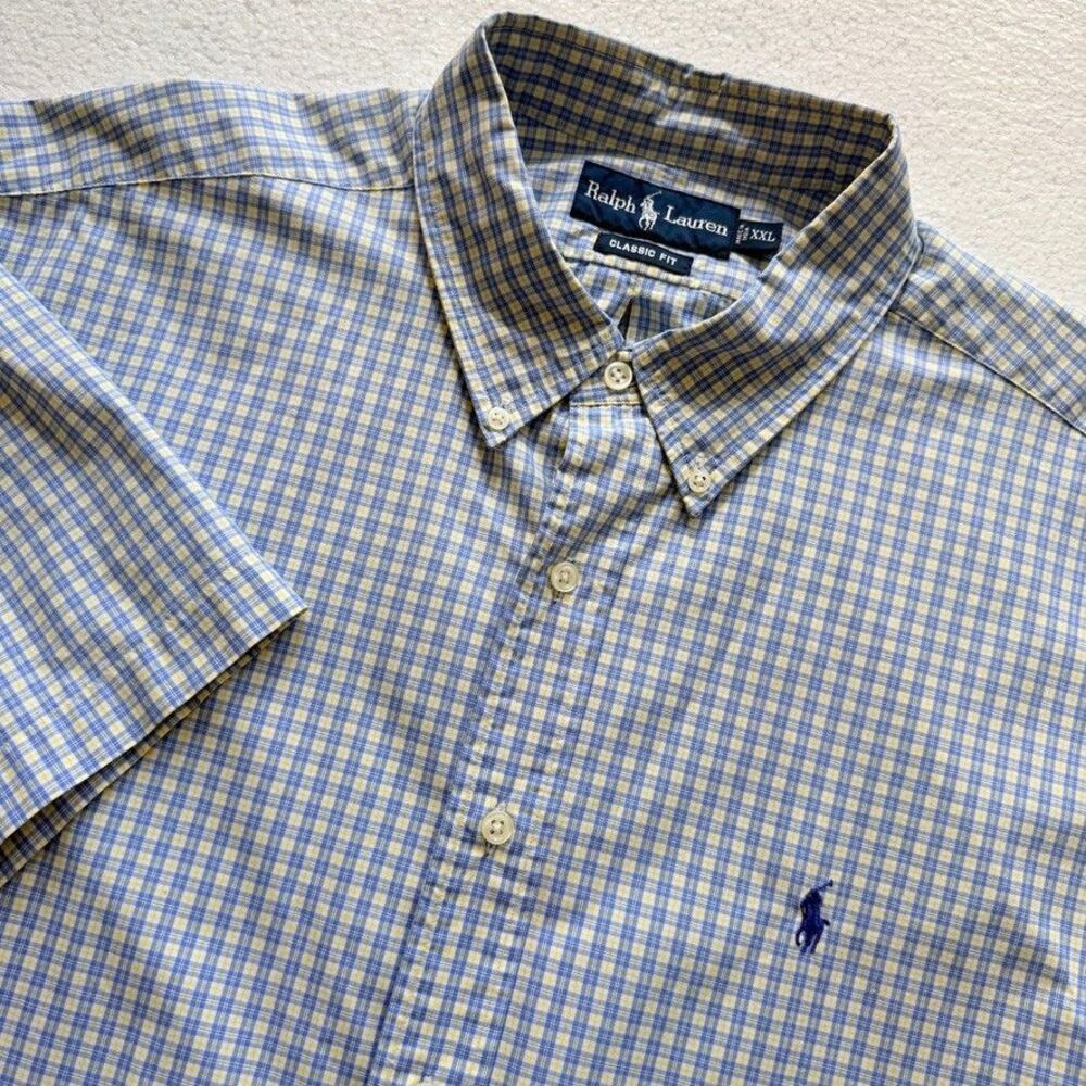 Ralph Lauren XXL Men's Classic Fit Blue Yellow Plaid Button Down Shirt Short Slv